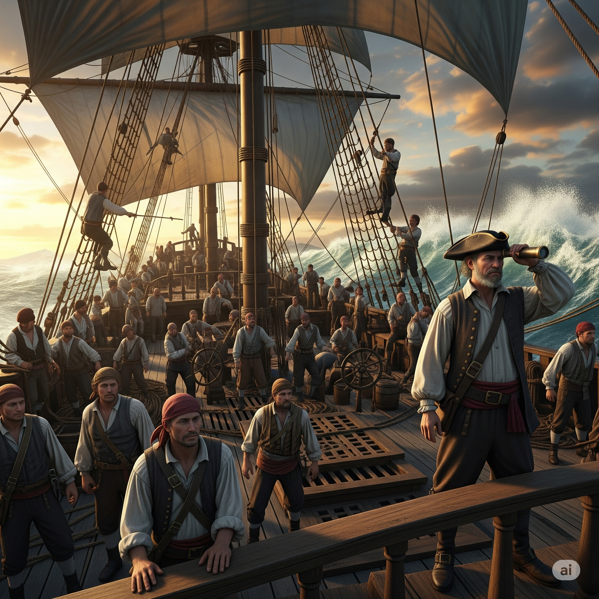 Stylized ship sailing with crew